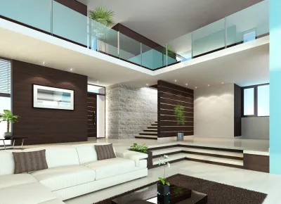 Der Innenraum eines luxuriösen Wohnzimmers mit verschiedenen Ebenen.